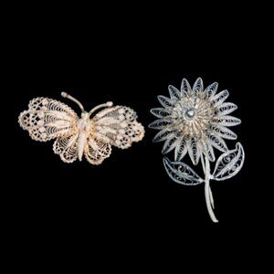 Vintage Pair Of Silver Tone Filigree Brooches - Butterfly and Flower (5197)